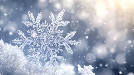 Intricate Snowflake Design Highlighted Against Soft Snow Flurries and Golden Light Bokeh Background : Generative AI