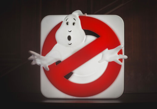 NEW YORK USA, NOV 18 2024: Ghostbusters no ghost sign illuminated 