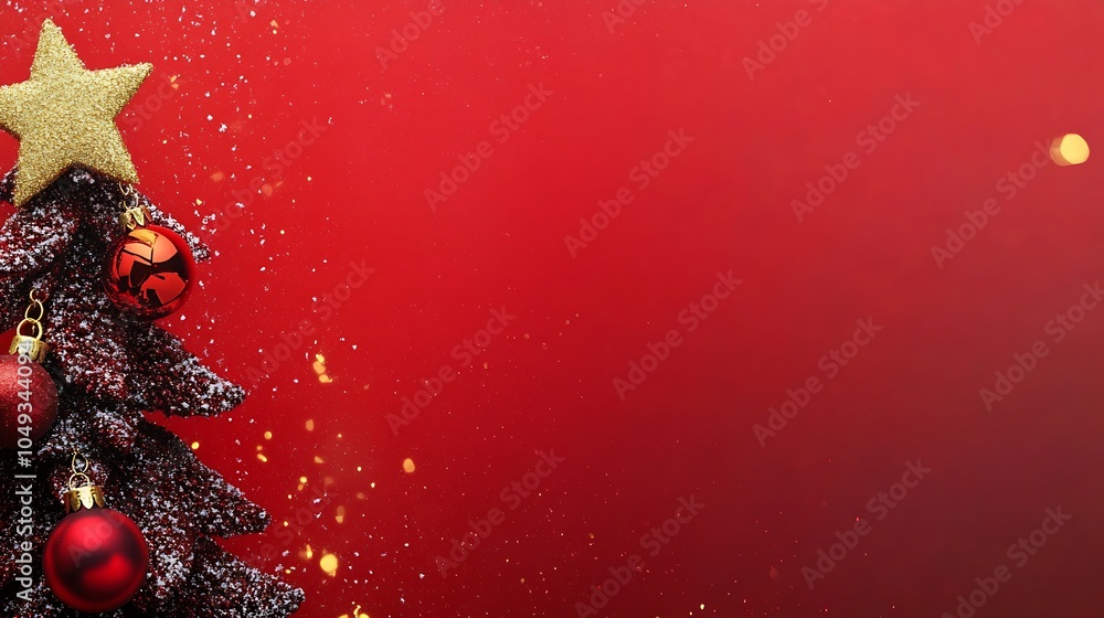 Poster glittering christmas tree with star and baubles on a bright red festive background : generative ai
