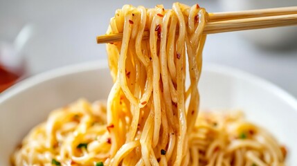 Noodle Dish with Garlic and Chili Oil in Minimalist Kitchen