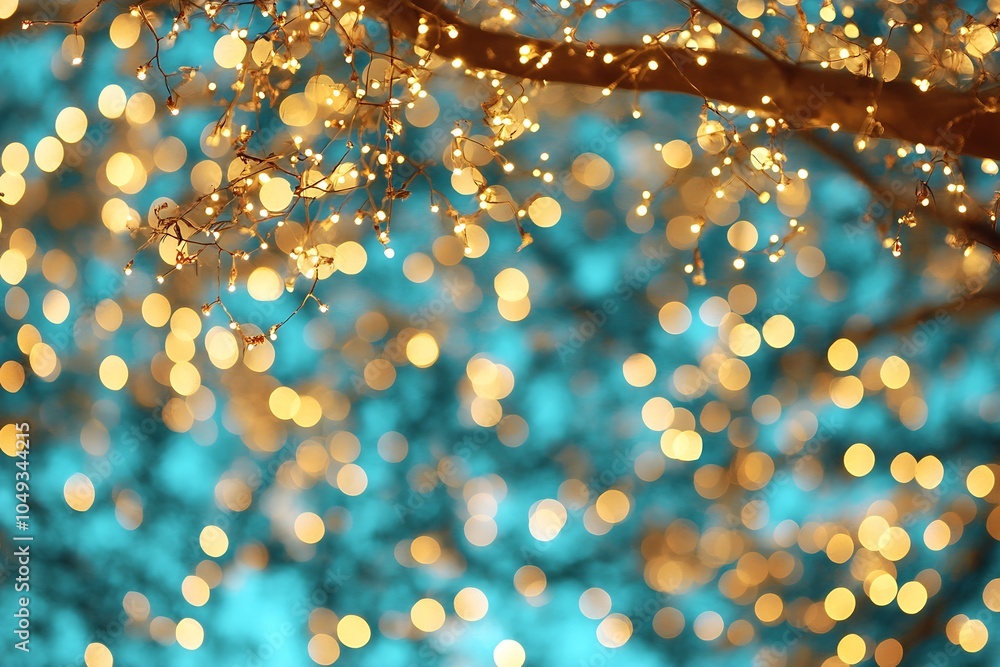 Poster glistening fairy lights creating magical bokeh effect on branch : generative ai