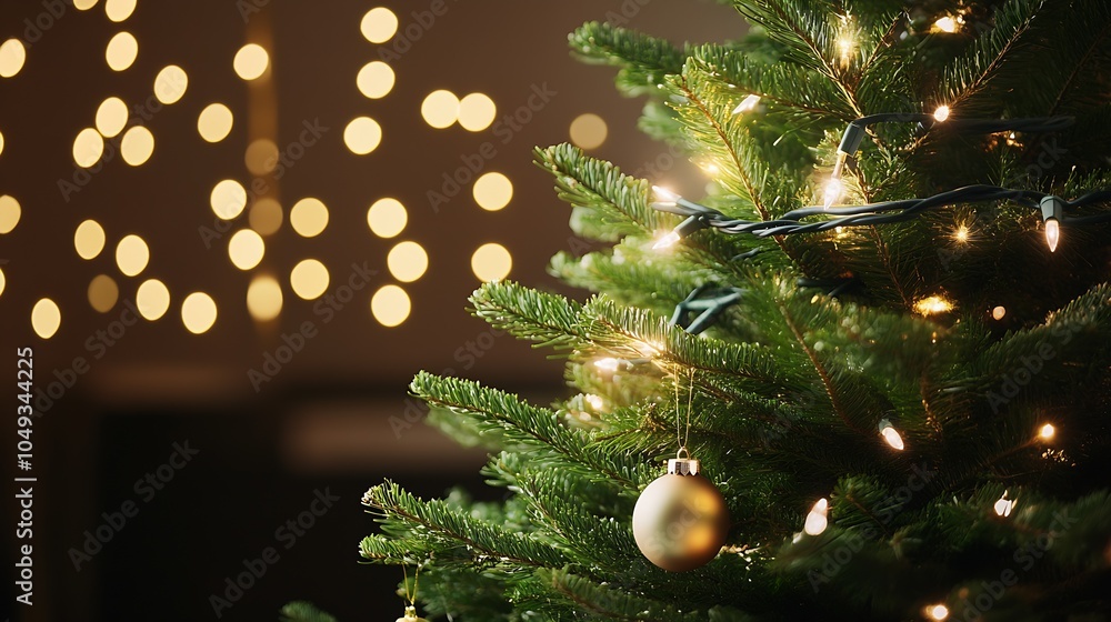 Poster illuminated christmas tree branch with golden decorations and soft glow : generative ai