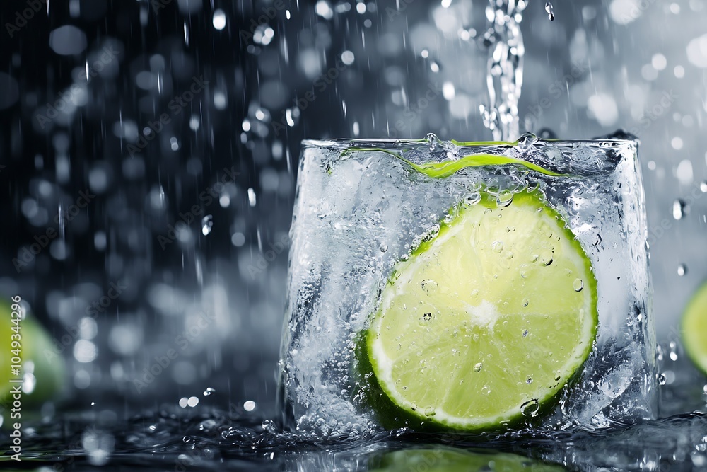 Poster fresh lime dropped into glass of sparkling water with splashes and refreshing droplets : generative 