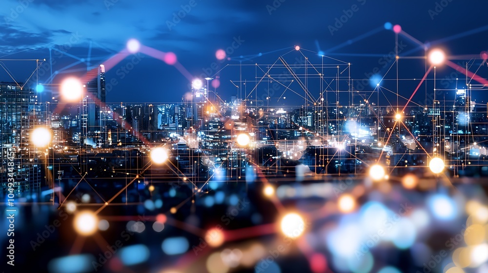 Fototapete futuristic cityscape at night with network connection lines and technology concepts : generative ai