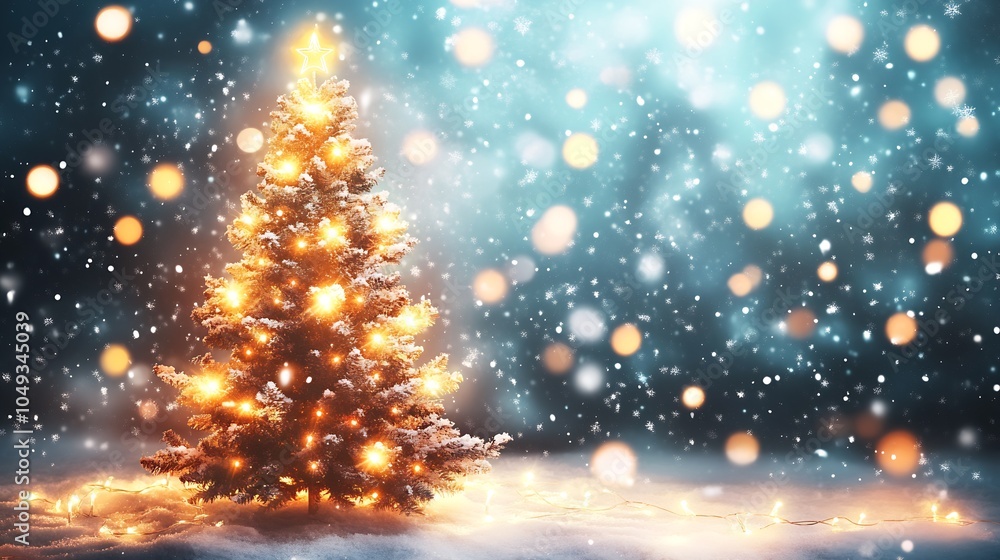 Poster twinkling holiday lights on christmas tree beneath soft falling snow in winter nighttime setting : g