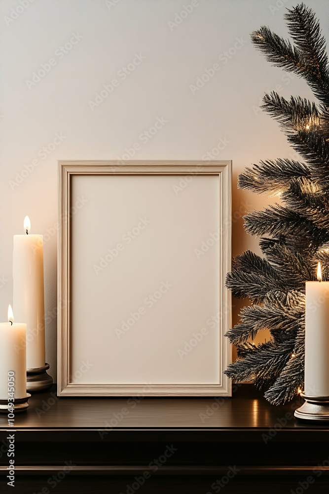 Poster minimalist christmas scene with blank frame surrounded by flickering candles : generative ai