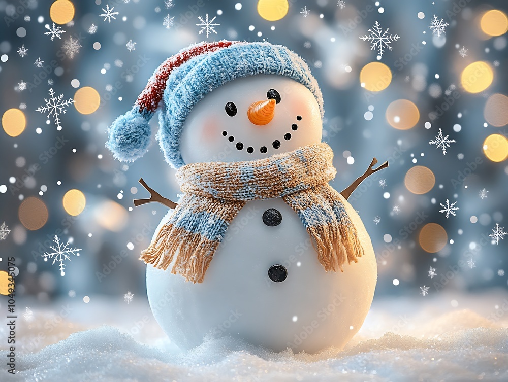 Aufkleber smiling snowman in cozy attire with bokeh lights and snowfall joy : generative ai