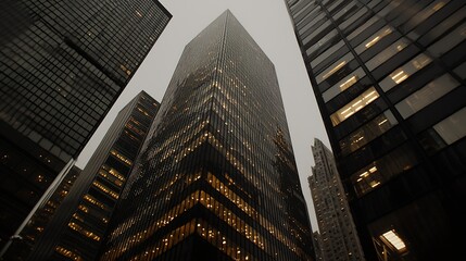 Naklejka premium Illuminated skyscrapers in a bustling city at dusk with moody atmosphere : Generative AI