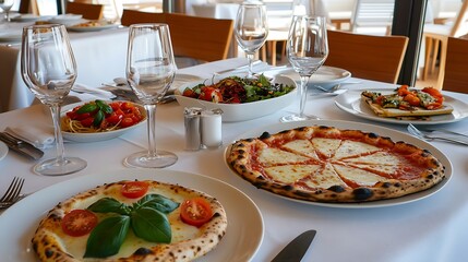 Elegant Italian Dining Experience Featuring Gourmet Pizza and Wine in a Modern Restaurant Setting : Generative AI