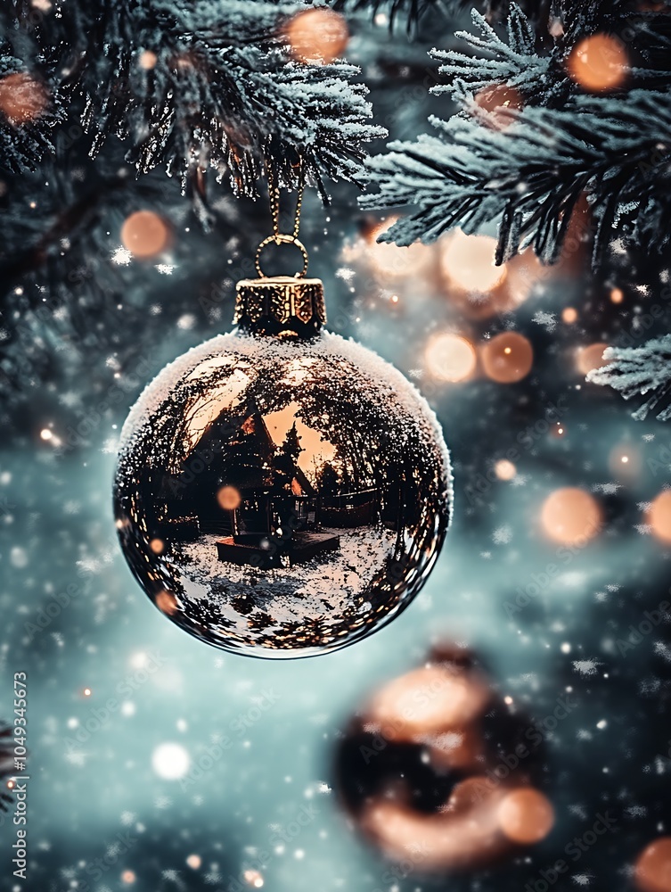 Poster glittering christmas ornament amidst soft snow and twinkling light bokeh : generative ai