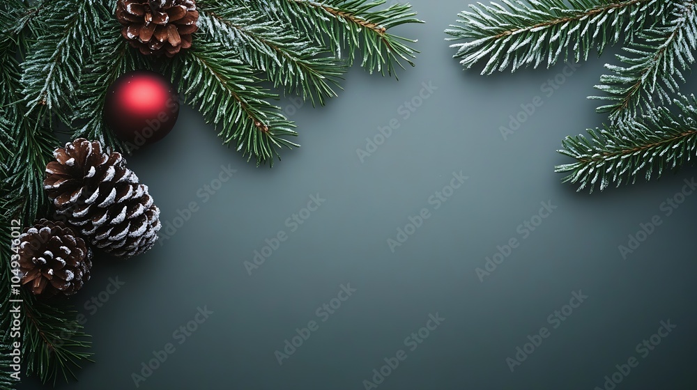 Poster elegant holiday background with frosted pinecones and green branches : generative ai
