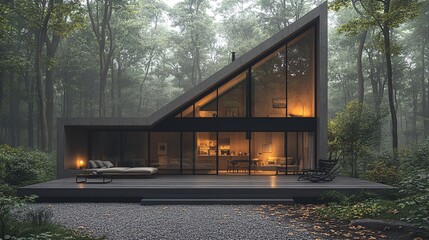 Fototapeta premium Modern Black Cabin Retreat Surrounded by Forest