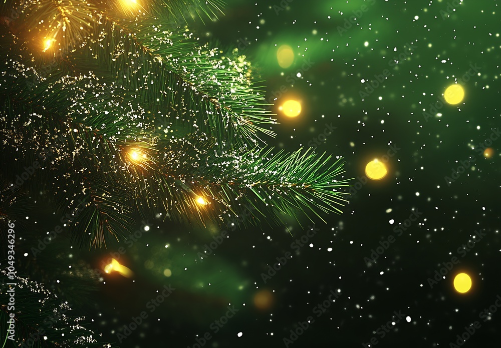 Aufkleber Festive Christmas Tree Branch with Snow and Glowing Lights in Soft Focus Background : Generative AI