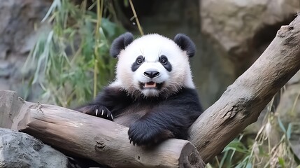 Obraz premium Panda Relaxing on Tree Branch in Natural Habitat with Calm Expression : Generative AI