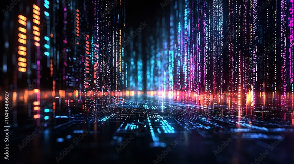 Poster Digital Data Streams Visualized as Futuristic Cyber Light Beams : Generative AI