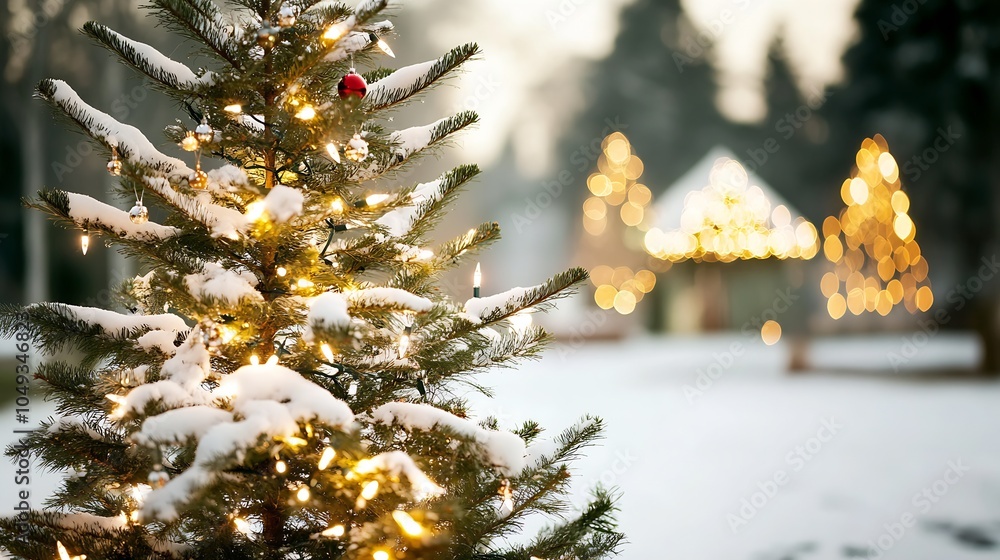 Poster snow covered christmas tree with glowing lights in winter wonderland setting for enchanting holiday 