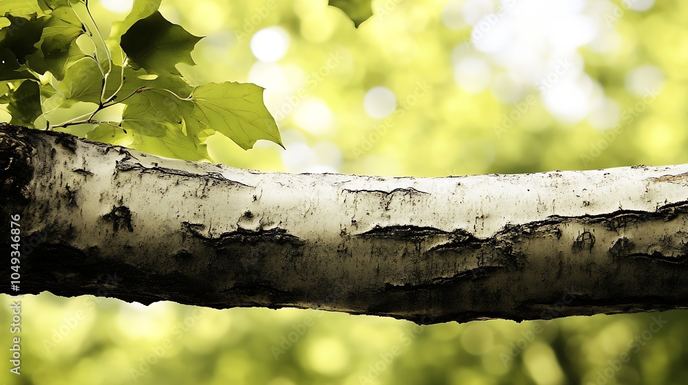 Aufkleber Closeup View of Birch Tree Trunk with Green Leaves in Sunlit Forest Background : Generative AI