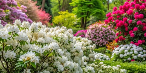 Obraz premium lush garden scene with white deutzia gracilis and colorful rhododendron in full spring bloom