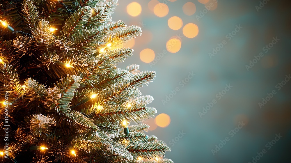 Poster snowkissed christmas tree with bokeh lights in a festive winter scene : generative ai