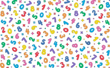 A playful pattern with hand drawn numbers and math symbols. Ideal for packaging design, children related and school decor, fabrics