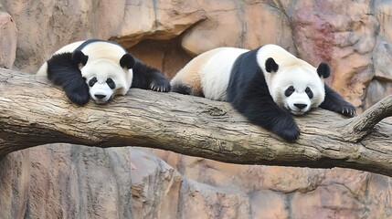 Fototapeta premium Two Playful Pandas Resting on Wooden Tree Branch in a Rocky Natural Habitat : Generative AI