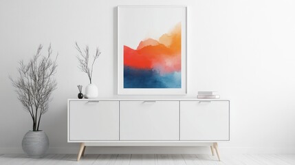 Abstract Watercolor Painting Above a White Cabinet