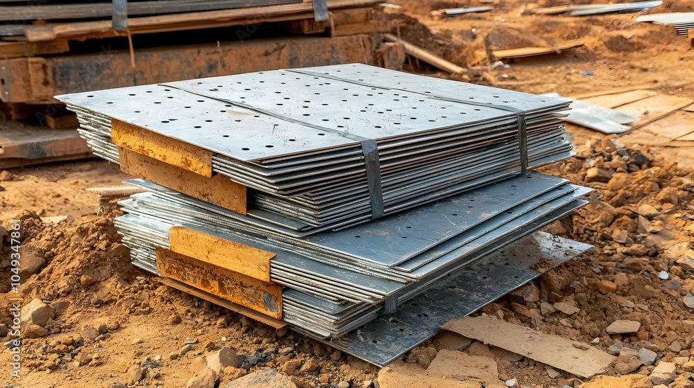 Poster A stack of galvanized zinc metal sheets piled up at an active construction site ready for use in the building project