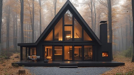 Fototapeta premium Modern Black Cabin in Scenic Autumn Forest