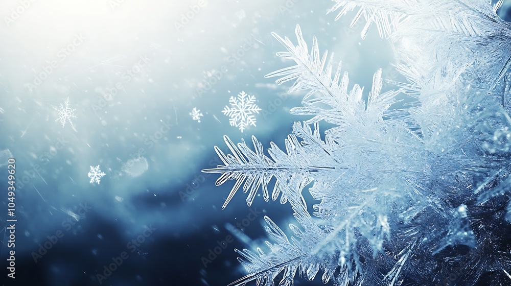 Poster intricate crystal snowflakes pattern with a deep winter blue hue : generative ai