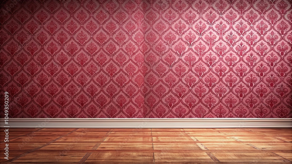 Poster red and soft pink patterned wall with dark brown floor with depth of field
