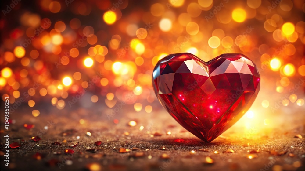 Poster red crystal heart with dynamic bokeh and warm glow background