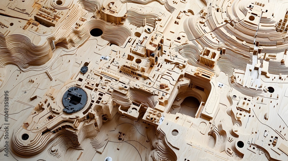 Aufkleber Captivating abstract digital rendering showcasing the intricate shapes and patterns created by advanced CNC machinery working with layers of plywood resulting in a futuristic