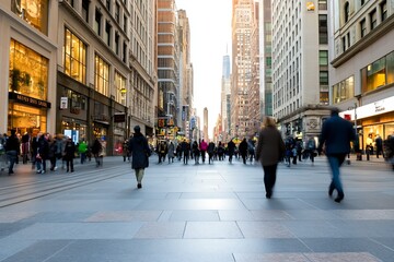 Obraz premium Bustling urban city street with pedestrians and tall buildings in late afternoon light : Generative AI