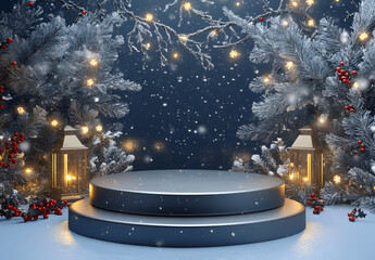 Modern luxury gold and burgundy podium platform, festive 3D holiday display for premium products. Christmas background with metallic accents, minimalist snowflakes, frosted greenery, and magical light