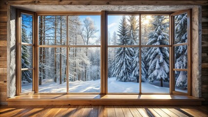 Snowy forest tree outside window with wooden leading lines