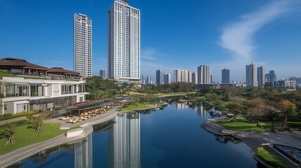 Obraz premium Modern Cityscape with Skyscrapers and Urban Lake Resort in Daylight : Generative AI