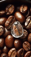 Single Frozen Coffee Bean Amidst a Bounty of Shiny Aromatic Beans Close Up : Generative AI