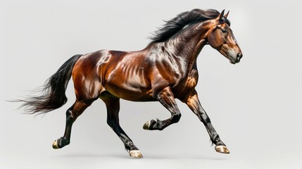Obraz premium A Bay Horse Galloping Against a White Background