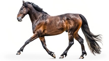 Fototapeta premium A Bay Horse Galloping in Mid-Air with a White Background