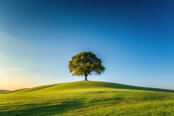 Obraz premium Tranquil landscape with single tree on hill under clear sky, minimalist and serene