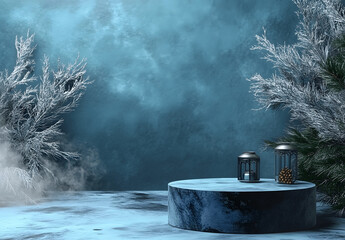 Winter-themed frosty podium product platform, 3D snow display stage stand with ice blue tones, snowflakes, and cozy festive lighting. Perfect for holiday and seasonal product presentation.