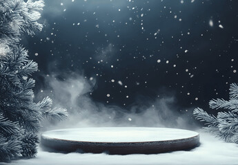 Winter-themed frosty podium product platform, 3D snow display stage stand with ice blue tones, snowflakes, and cozy festive lighting. Perfect for holiday and seasonal product presentation.