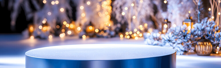 Winter-themed frosty podium product platform, 3D snow display stage stand with ice blue tones, snowflakes, and cozy festive lighting. Perfect for holiday and seasonal product presentation.