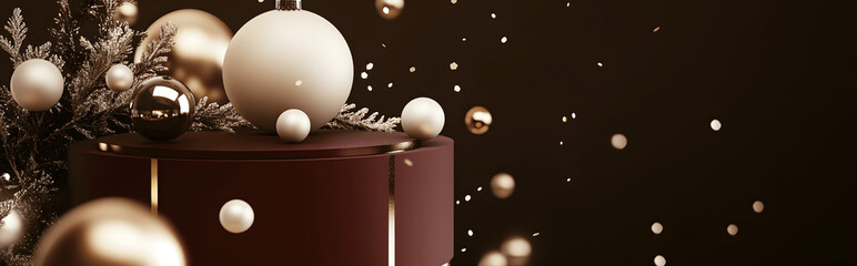 Festive silver and red podium in gift box style, 3D holiday display for cheerful product presentation. Christmas-themed platform with sparkling tinsel, candy canes, and seasonal greenery for a vibrant