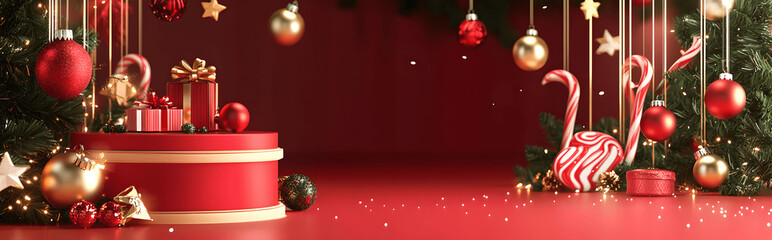 Festive silver and red podium in gift box style, 3D holiday display for cheerful product presentation. Christmas-themed platform with sparkling tinsel, candy canes, and seasonal greenery for a vibrant