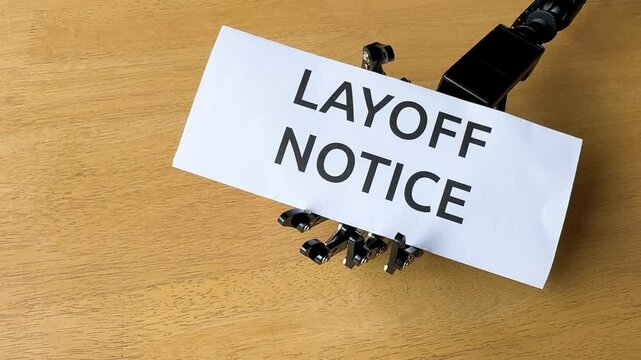 A robotic hand holds a paper labeled "Layoff Notice" against a wooden background, representing themes of automation and employment challenges in the modern workforce.