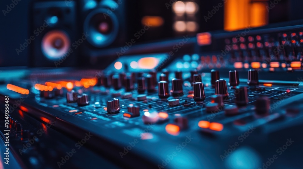 Poster a close-up of a music mixing console with illuminated controls and speakers in the background.