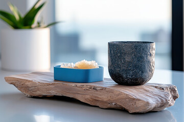 A serene display of minimalist elegance a natural wooden serving board with delicate treats and a stylish stone mug in a tranquil setting