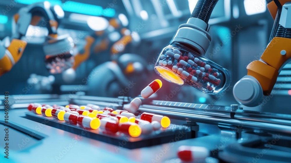 Poster robotic arms sorting and dispensing capsules in a high-tech pharmaceutical lab setting.