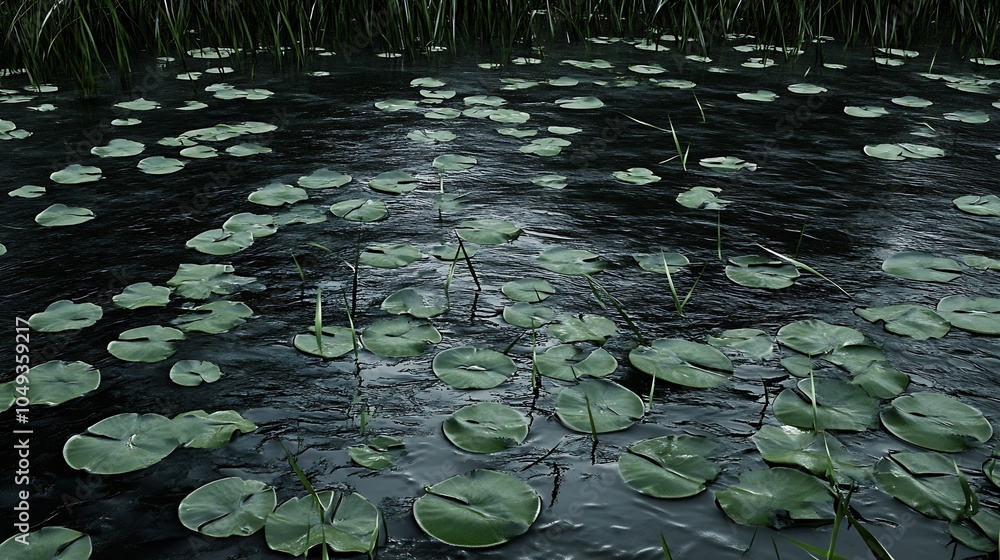 Poster closeup view of lush green lily pads floating on a tranquil water surface : generative ai